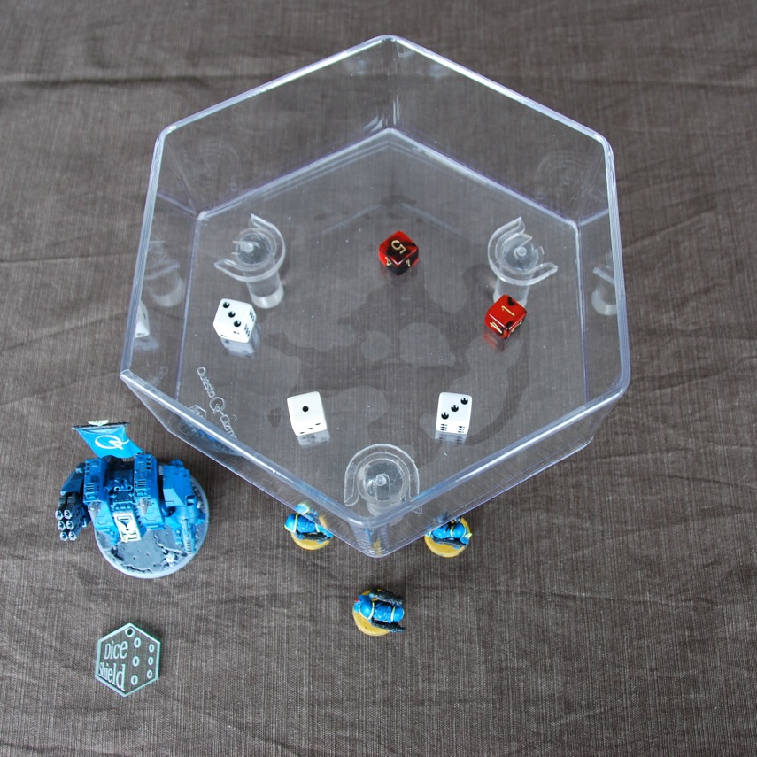one Dice Shields over miniatures on a table, showing the locking mechanism from the top.